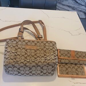 Coach Tan Signature Canvas Shoulder Bag with Matching Wallet and checkbook cover